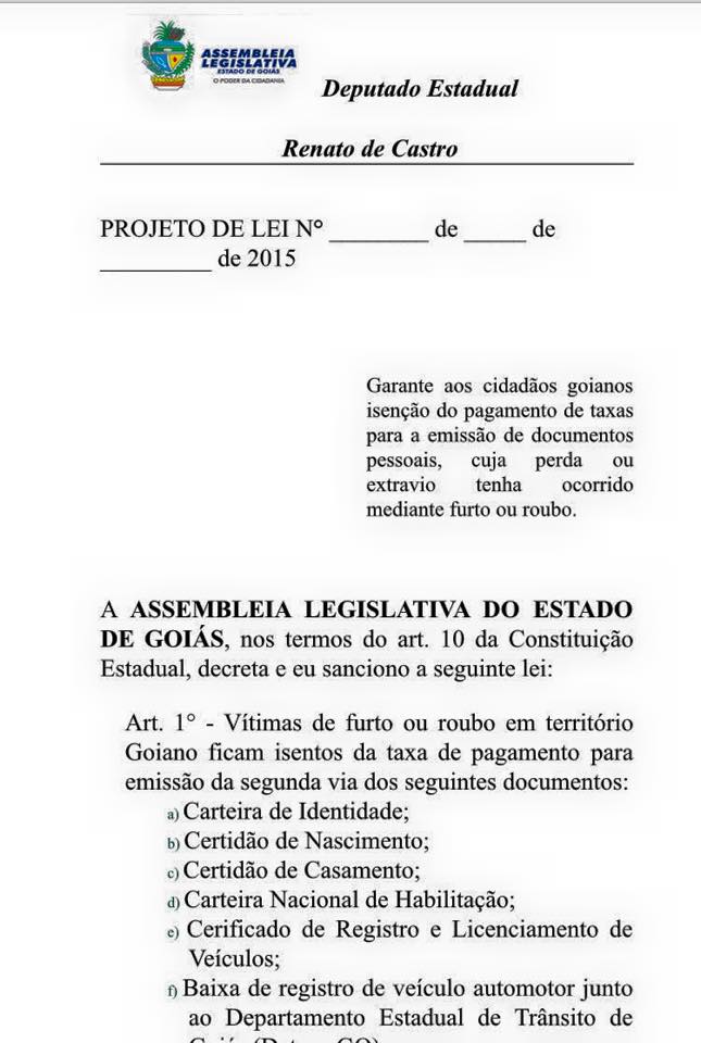 Renato de Castro propõe isenção de taxas para vítimas de roubo
